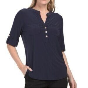 Anne Klein Navy Blue Split Neck Blouse Size Large